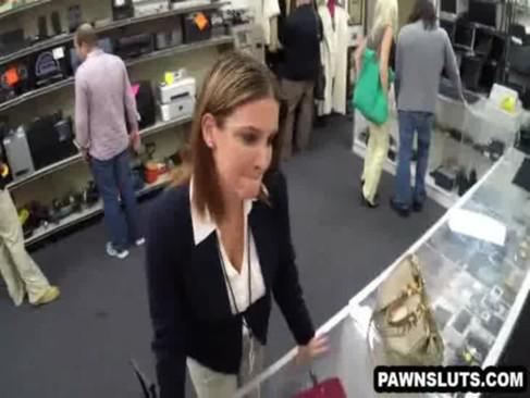 Busty brunette tries to sell her laptop at the pawn shop - 7 min.